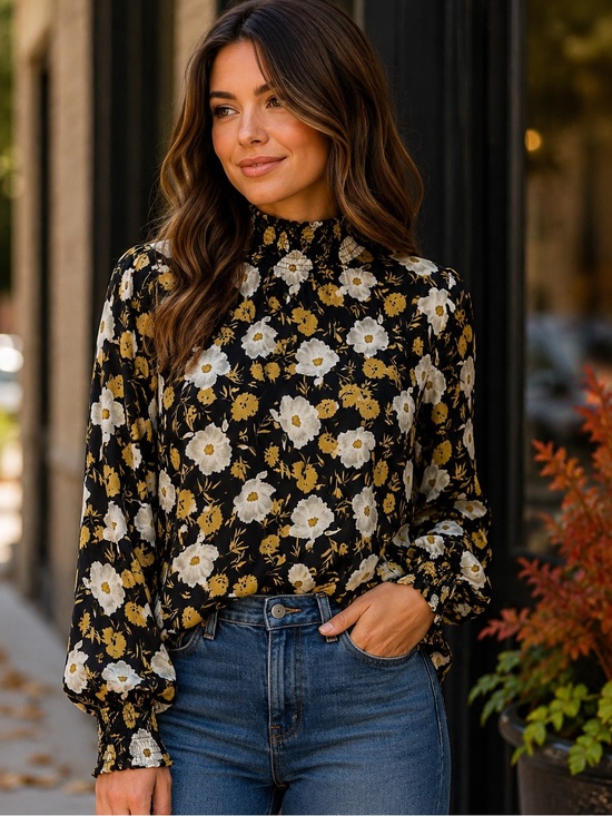 Hayden Los Angeles Tops - Hayden Los Angeles Floral Smocked High Neck Blouse Black Mustard Small